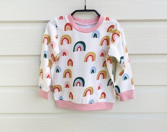 Size 12-18 months READY to SHIP cream rainbow toddler sweatshirt, organic baby girl clothes, gender neutral long sleeve sweater