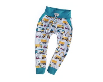 Construction vehicles toddler joggers, organic baby boy clothes,newborn drop crotch pants, digger harem pants, handmade preemie leggings