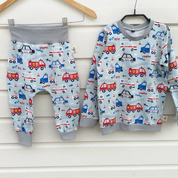 Emergency vehicles play outfit,  car lover toddler clothing set, organic kids clothes, baby pants and sweatshirt, handmade children clothes
