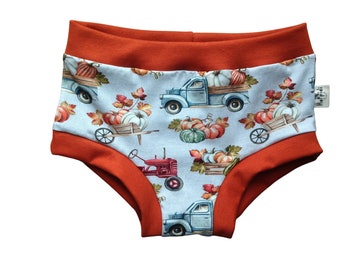 Pumpkin trucks biologisch peuterondergoed, boerderijthema unisex katoenen jersey onderbroek in boyleg-stijl, comfortabel elastiekvrij ondergoed voor kinderen