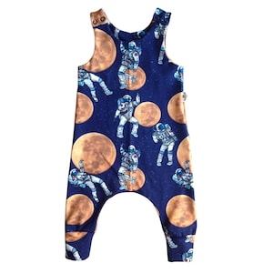 To the moon baby romper, astronaut outer space theme organic baby clothes, toddler harem jumpsuit kids playsuit, tank overall dungarees