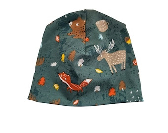 Woodland animals fitted or slouchy beanie hat for babies, toddlers, kids, and adults, organic baby clothes, autumn winter accessories