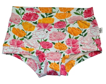 Pink and yellow peonies women's underpants, comfortable organic cotton jersey lounge panties, elastic free underwear boyleg and brief style