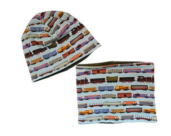 Train theme beanie hat and tube scarf, fleece lined winter set for children and adults