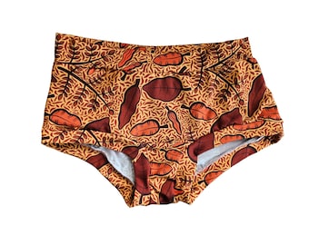 Fall leaves organic cotton jersey underwear for women, breathable lounge panties, elastic free regular or high rise adult undies