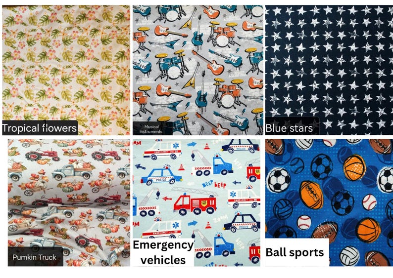 Op de afbeelding: Collectie van stofstalen met verschillende patronen. Inclusief tropische bloemen, muziekinstrumenten, blauwe sterren, pompoenwagens, hulpverleningsvoertuigen en balsporten. Elke staal heeft een uniek ontwerp met levendige kleuren en gedetailleerde illustraties.