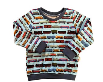 Train print toddler sweatshirt, organic cotton baby clothes, eco-conscious kids t-shirt, sustainable spring sweater, handmade apparel