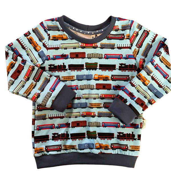 Train print toddler sweatshirt, organic cotton baby clothes, eco-conscious kids t-shirt, sustainable spring sweater, handmade apparel