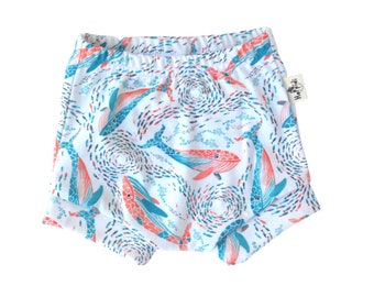Whale and fish swarm summer shorts, organic baby clothes, sea animal baby  diaper cover, gender neutral toddler bummies, kids beach shorties