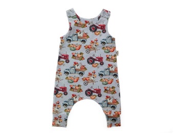 Combi-short avec motif camions citrouilles et tracteurs, vêtements bio pour bébé sur le thème de la ferme, combinaison sarouel pour tout-petit, combishort pour enfants, salopette