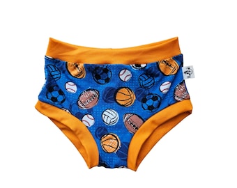 Ball sports theme print organic toddler undies, unisex cotton jersey boyleg style underpants, comfy elastic free underwear for kids
