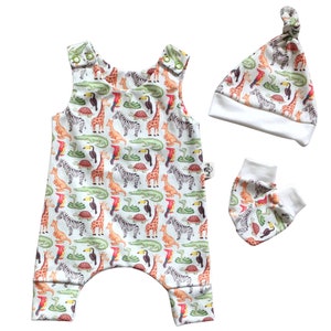 READY TO SHIP newborn size baby coming home outfit with wild animals print, unisex organic cotton baby clothes, harem romper baby gift set