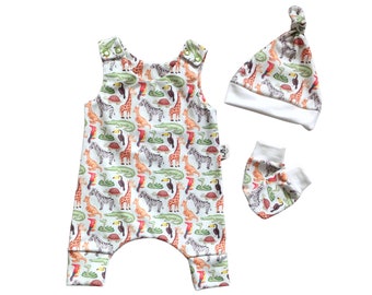 READY TO SHIP newborn size baby coming home outfit with wild animals print, unisex organic cotton baby clothes, harem romper baby gift set