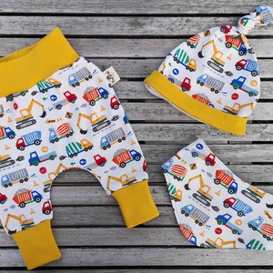 Organic baby clothes, Construction car boy clothes, baby bandana bib, top knot hat, Trucks Coming home outfit,  Digger new baby gift set