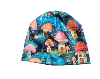 Mushroom houses fitted or slouchy beanie hat for babies, toddlers, kids, and adults, organic baby clothes, autumn winter accessories