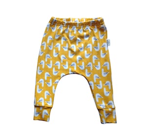 Organic slim harem leggings for babies, toddlers and children with yellow seagulls print,  gender neutral kids pants, sustainable clothing