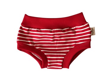 Red and white stripes organic toddler undies, unisex cotton jersey boyleg style underpants, comfy elastic free underwear for children