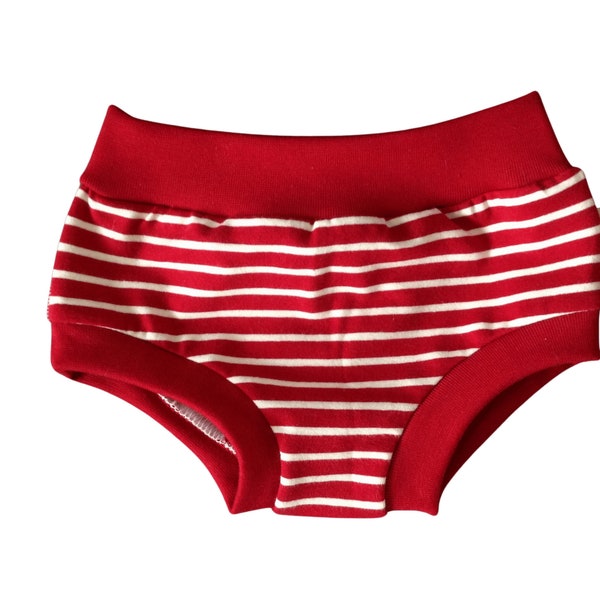 Red and white stripes organic toddler undies, unisex cotton jersey boyleg style underpants, comfy elastic free underwear for children