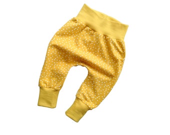 Mustard dotties baby harem pants, yellow polka dots infant baggy pants, gender neutral organic baby clothes, drop crotch leggings, pumphose