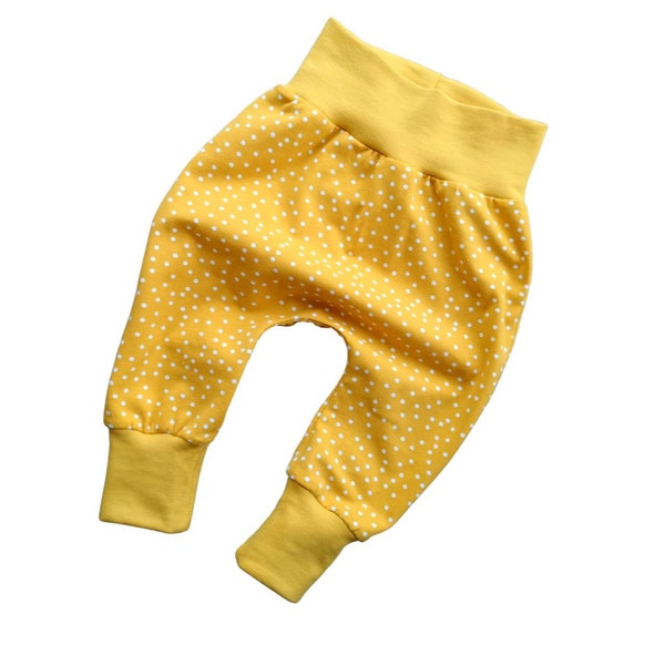 Mustard dotties baby harem pants, yellow polka dots infant baggy pants, gender neutral organic baby clothes, drop crotch leggings, pumphose