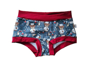 Teddy bear doctor organic cotton jersey underwear for women, breathable lounge panties, elastic free regular or high rise adult undies