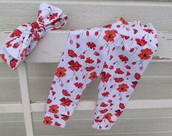 Biologische rode klaproos legging en hoofdband set, bloemen babykleding meisje, peuter yoga taille manchet broek, top knoop hoofdband baby, cadeau pasgeboren