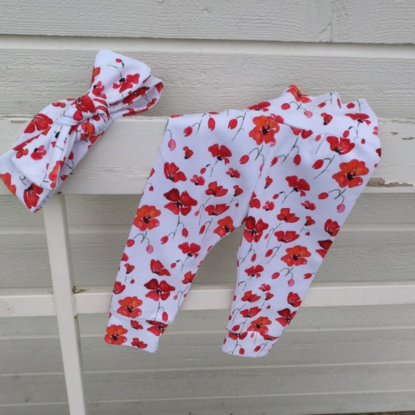 Organic Red Poppy Leggings and Headband Set, Floral Baby Girl Clothes, Toddler Yoga Waist Cuff Pants, Top Knot Headband Baby, Newborn gift