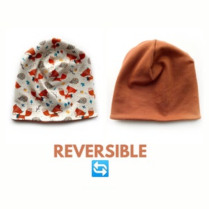 Fox and hedgehog reversible slouchy beanie hat for babies, toddlers, kids, and adults, animal organic baby clothes, autumn fall accessories