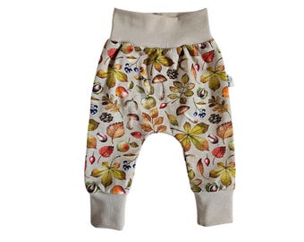 Leggings tipo harén para bebé con estampado de follaje otoñal, pantalones holgados con entrepierna caída para niño con temática de bosque otoñal, ropa orgánica para bebé, regalo para recién nacido