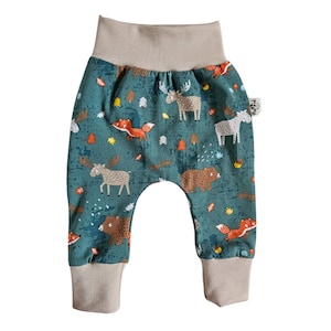 Nordic woodland animals baby harem leggings, forest theme toddler drop crotch trousers, baggy pants, organic baby clothes, newborn gift