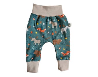 Nordic woodland animals baby harem leggings, forest theme toddler drop crotch trousers, baggy pants, organic baby clothes, newborn gift