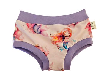 Mermaids print organic toddler undies, unisex cotton jersey boyleg style underpants, comfy elastic free underwear for children