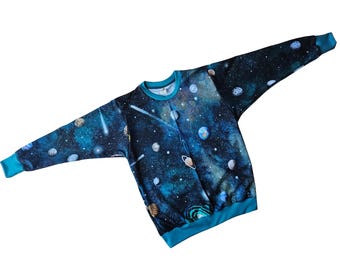 Baby and childrens space themed lounge sweatshirt, oversized fit gender neutral organic kids clothes, unisex toddler pullover,0-14 years