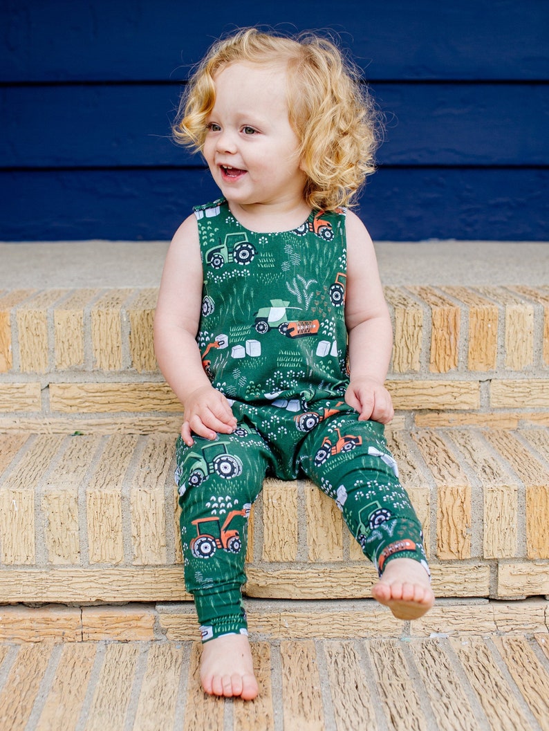 Tractor harem jumpsuit, combine harvester baby romper, organic baby boy clothes, green toddler playsuit, farm vehicle tank overall image 1