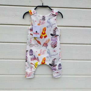 Organic baby romper with wizard symbols, kids harem jumpsuit, organic baby clothes, toddler playsuit, film lover new baby gift