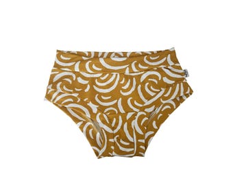 Mustard tiger swirls women's underpants, comfortable organic cotton jersey lounge panties, elastic free underwear boyleg and brief style