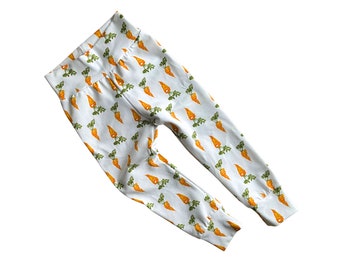 Carrots print organic leggings for babies, toddlers and children, gender neutral kids pants, sustainable clothing from preemie to teenie siz