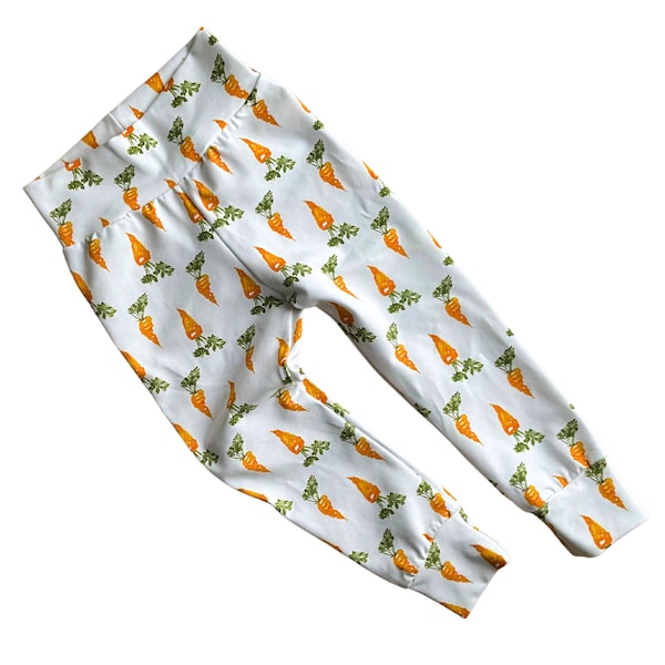 Carrots print organic leggings for babies, toddlers and children, gender neutral kids pants, sustainable clothing from preemie to teenie siz