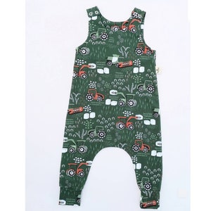 Tractor harem jumpsuit, combine harvester baby romper, organic baby boy clothes, green toddler playsuit, farm vehicle tank overall image 4