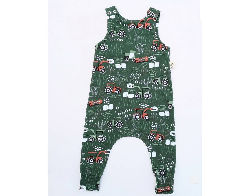 Tractor harem jumpsuit, combine harvester baby romper, organic baby boy clothes, green toddler playsuit, farm vehicle tank overall image 4