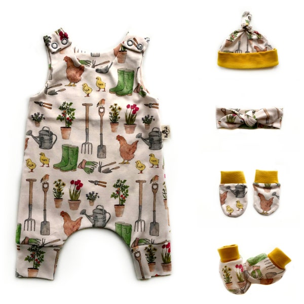 Tenue de retour à la maison pour nouveau-né avec impression de la vie de la ferme de poulets, vêtements pour bébés biologiques neutres, ensemble-cadeau pour bébé sarouel sur le thème du jardin