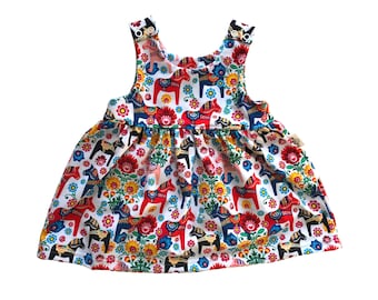 Dala horses girls pinafore dress, colorful floral organic toddler clothes, kids dungaree jumper summer dress with nordic design