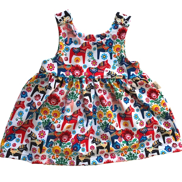 Dala horses girls pinafore dress, colorful floral organic toddler clothes, kids dungaree jumper summer dress with nordic design