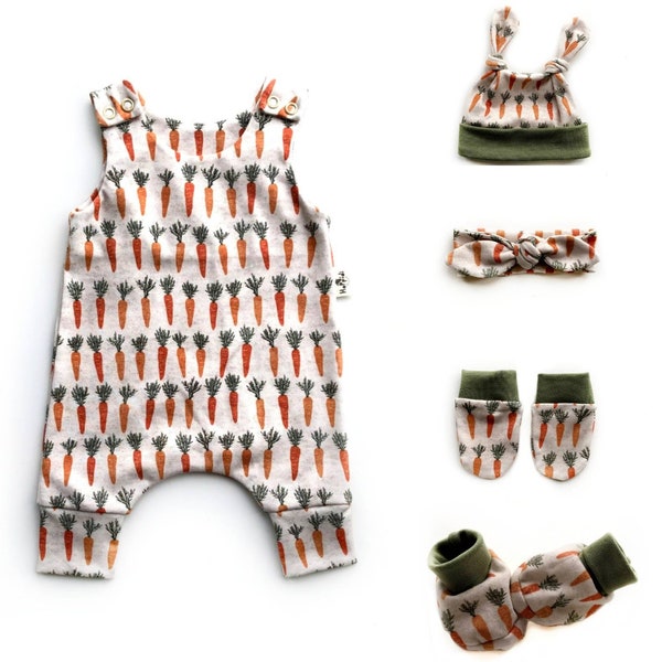 Tenue de retour à la maison pour nouveau-né avec imprimé carottes, vêtements de bébé bio neutres en matière de genre, ensemble cadeau de baby shower sarouel