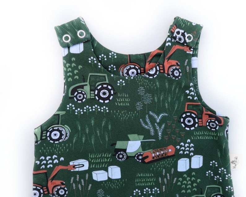 Tractor harem jumpsuit, combine harvester baby romper, organic baby boy clothes, green toddler playsuit, farm vehicle tank overall image 5