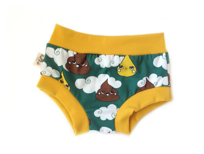 May include: Green and yellow underwear with a print of brown poop and yellow raindrops with faces. The underwear has a yellow waistband.