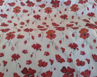 Red poppy flower organic cotton jersey fabric by the meter, European CL knit with floral pattern on white background, watercolor wildflowers