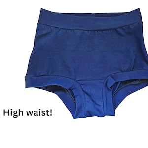 Marine blue high waisted organic cotton jersey underwear, women&#39;s breathable lounge panties, comfy elastic free high rise adult underwear
