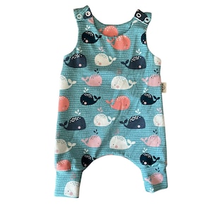 Baby whales organic baby clothes, ocean animals toddler harem jumpsuit, under the sea theme kids playsuit, unisex tank overall dungarees