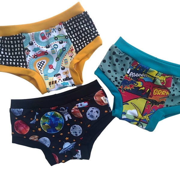 Multi pack surprise print grab bag toddler boy undies, organic cotton jersey boyleg underpants, comfy briefs kids elastic free underwear